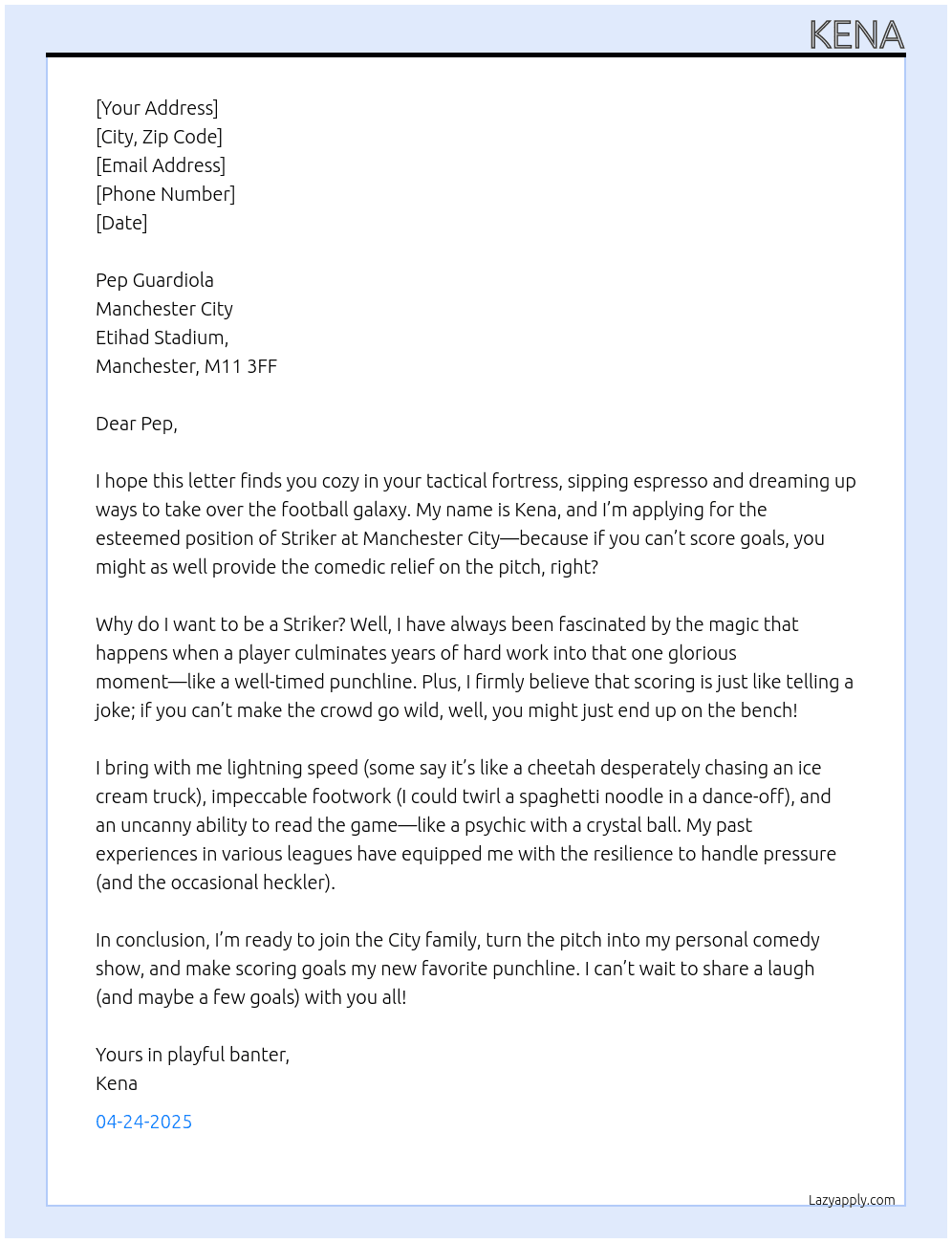 Striker At manchester city Cover Letter