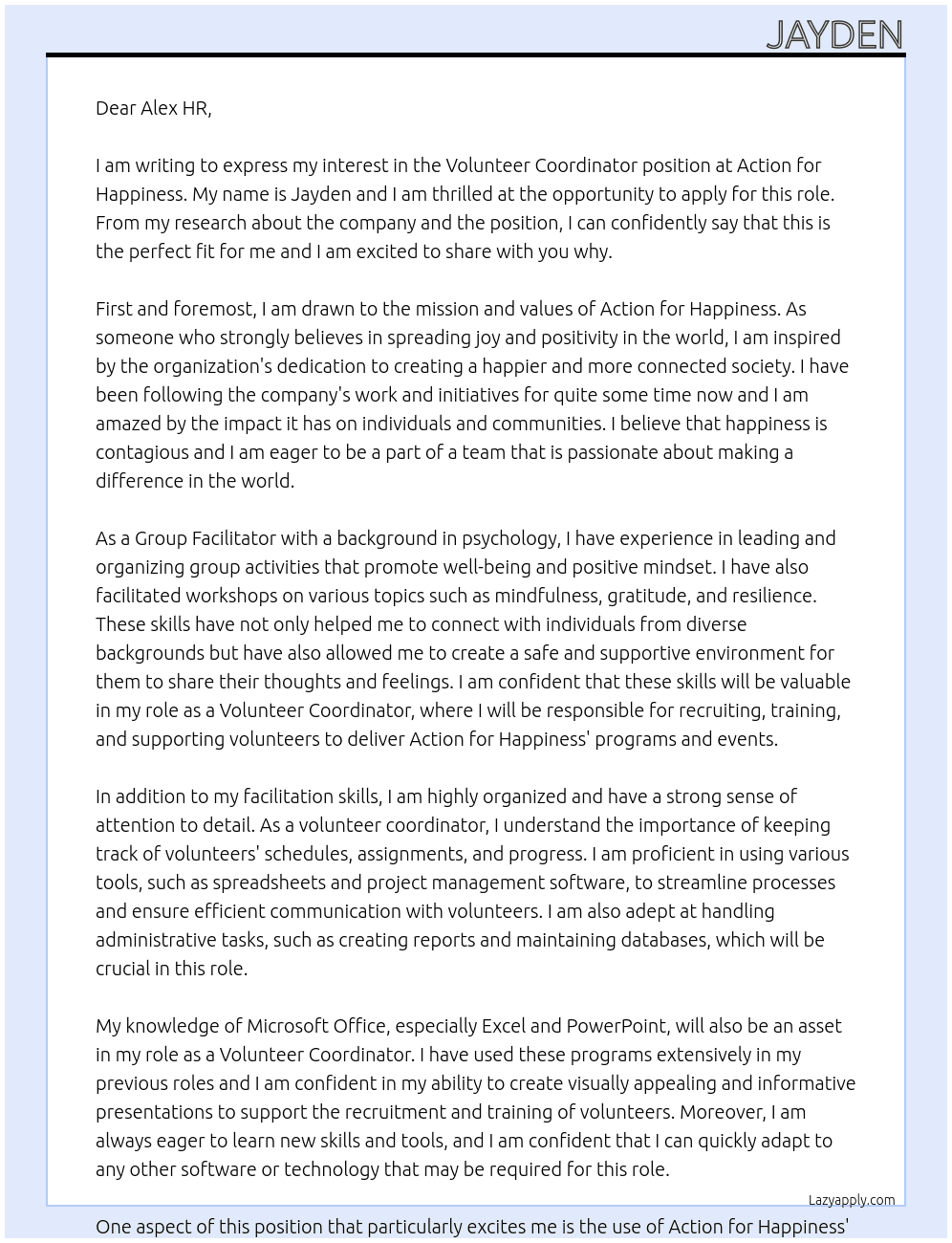 volunteer coordinator At action for happiness Cover Letter