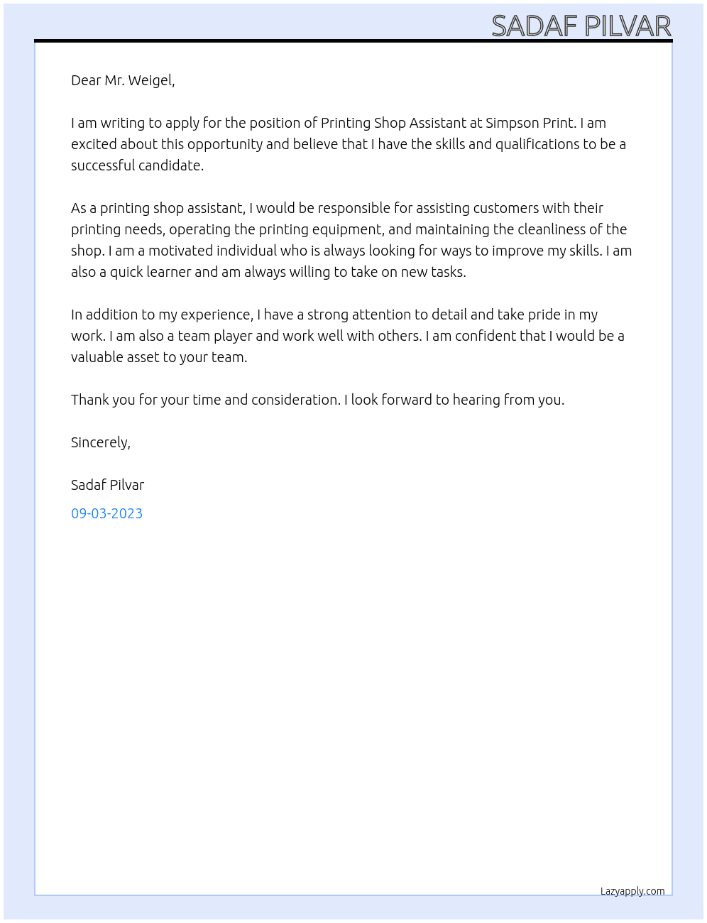 Printing Shop Assistant At Simpson Print Cover Letter