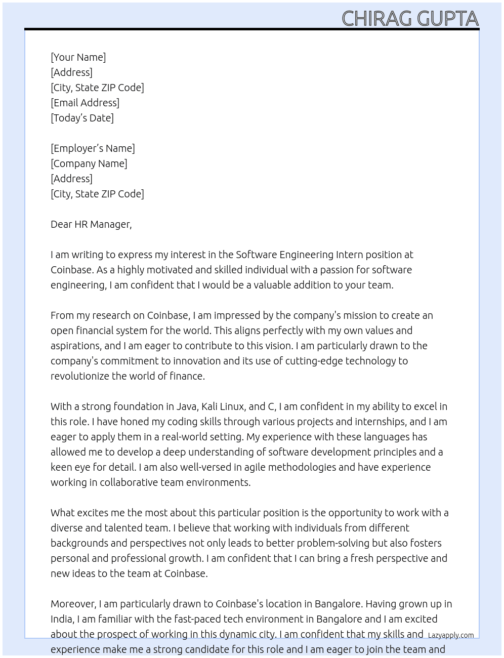 Software Engineering Intern At Coinbase Cover Letter