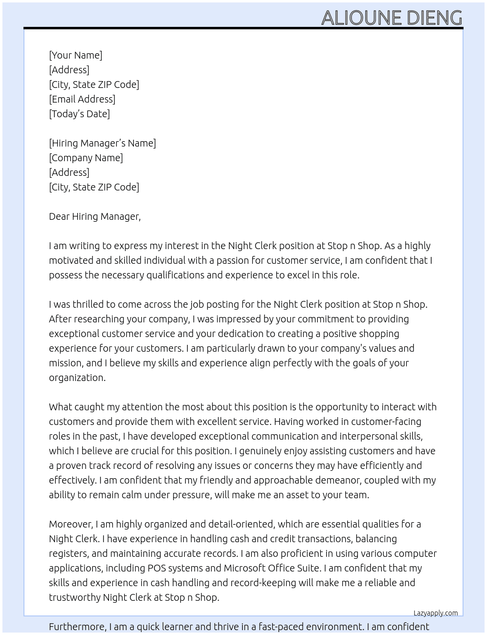 Night Clerk At Stop n Shop Cover Letter