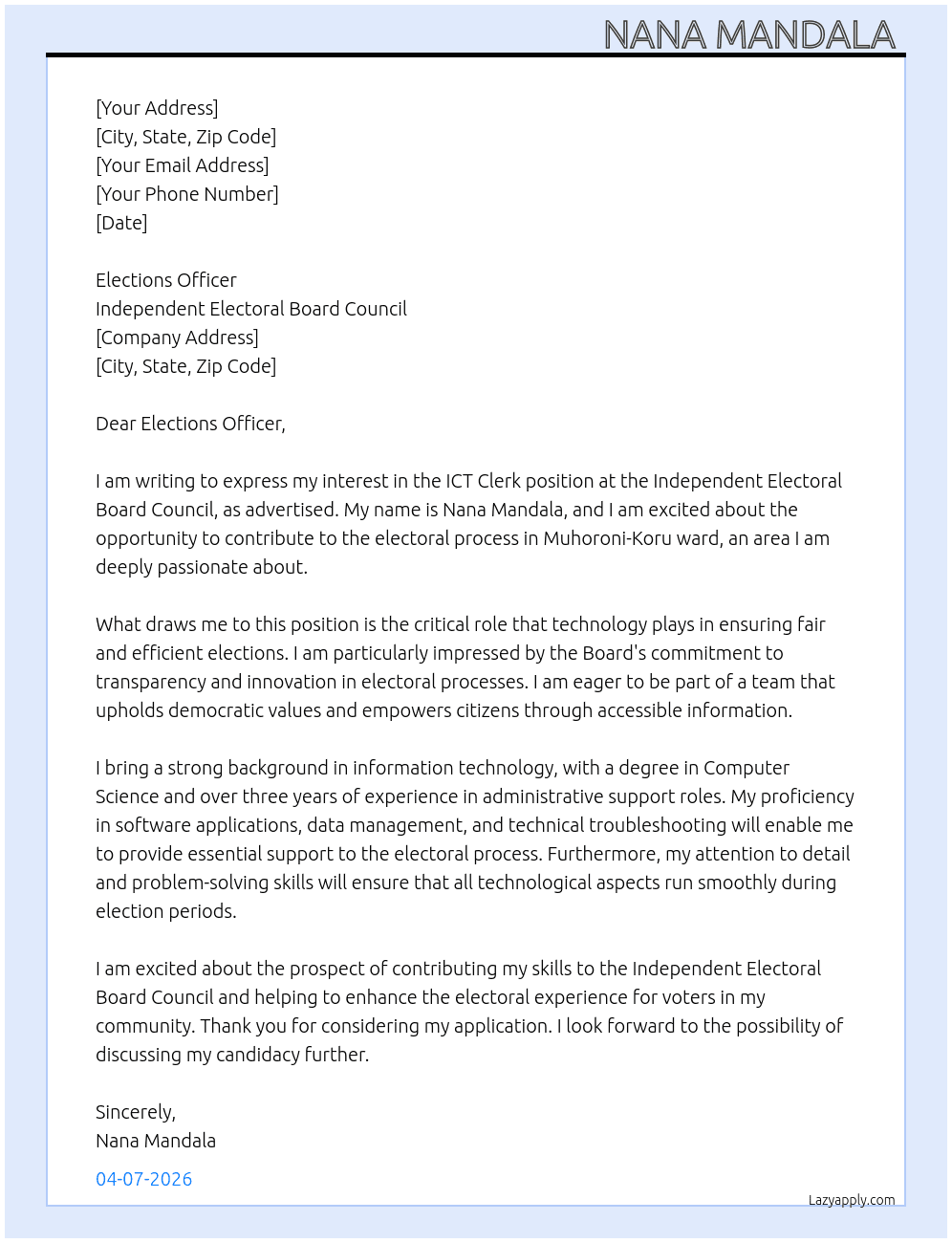 Ict clerk At Independent Electrol Board council  Cover Letter