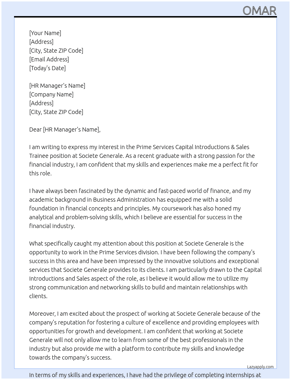 Prime Services Capital Introductions & Sales Trainee At Soceite generale Cover Letter