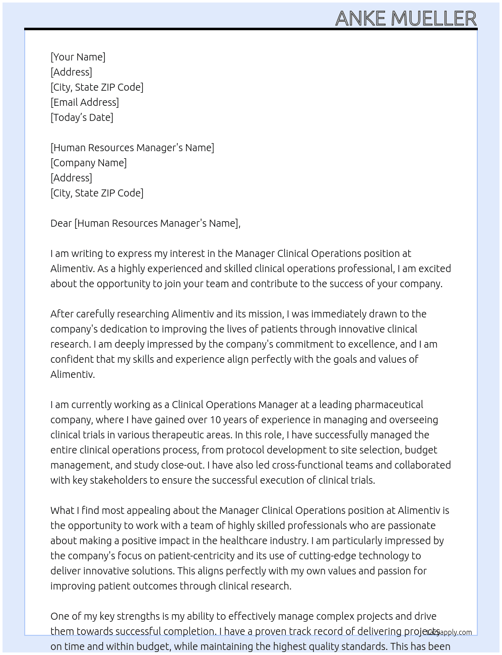 Manager Clinical Operations At Alimentiv  Cover Letter