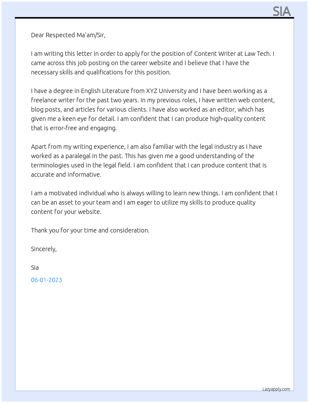 Content Writer  At Law Tech  Cover Letter