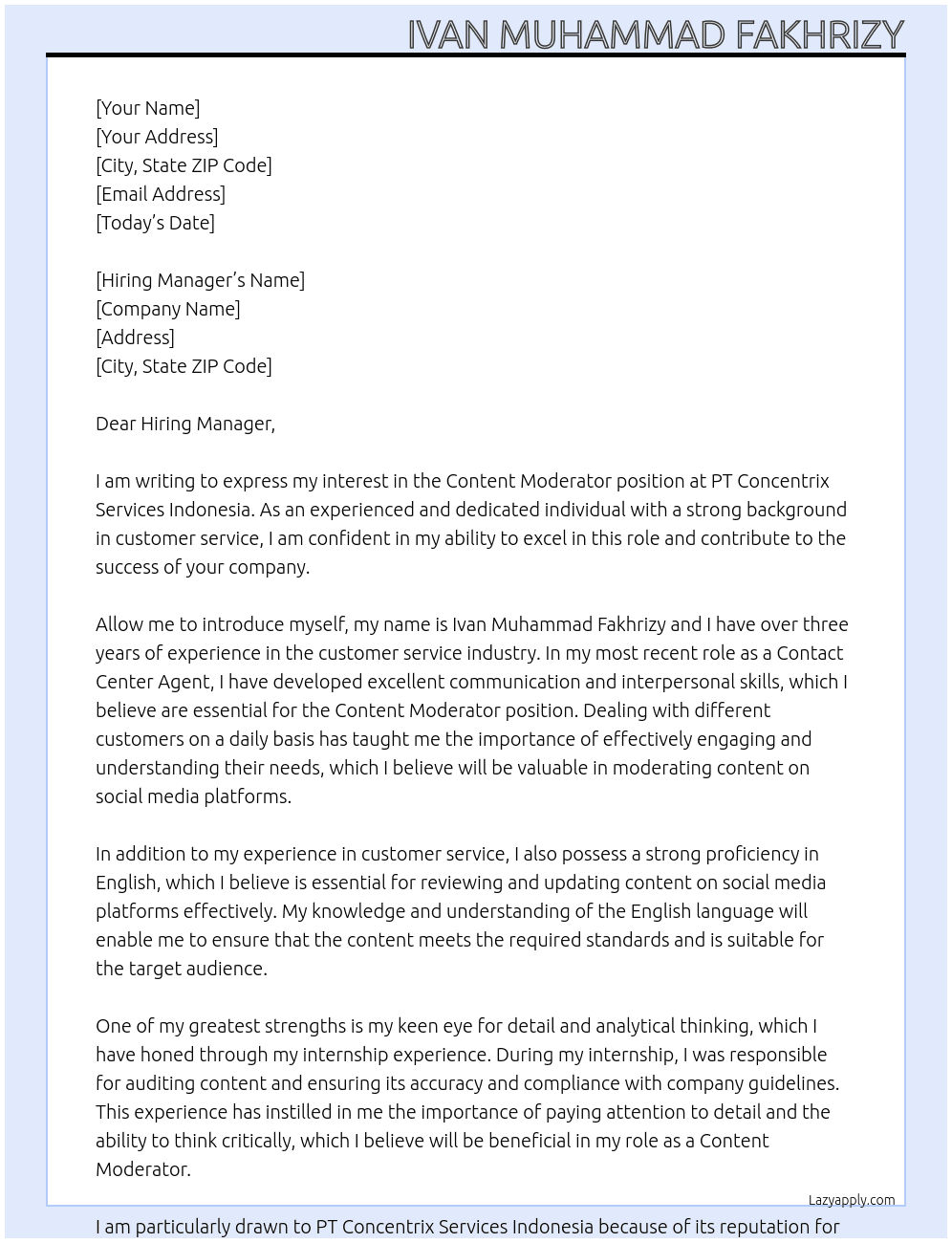 Content Moderator At PT Concentrix Services Indonesia Cover Letter