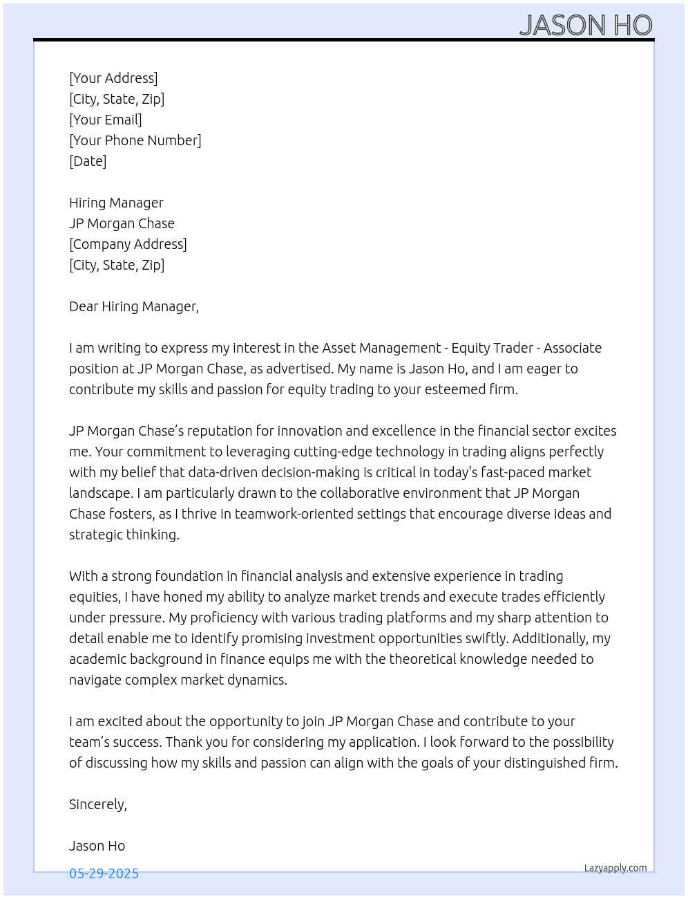 Cover letter for asset management - equity trader - associate - LazyApply