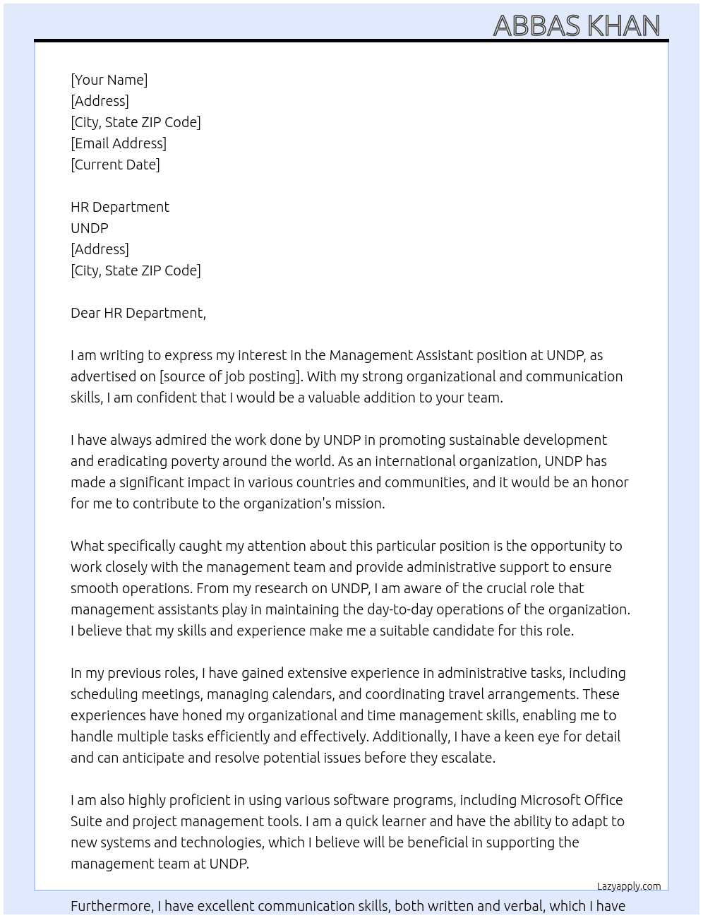 Management Assistant At UNDP Cover Letter
