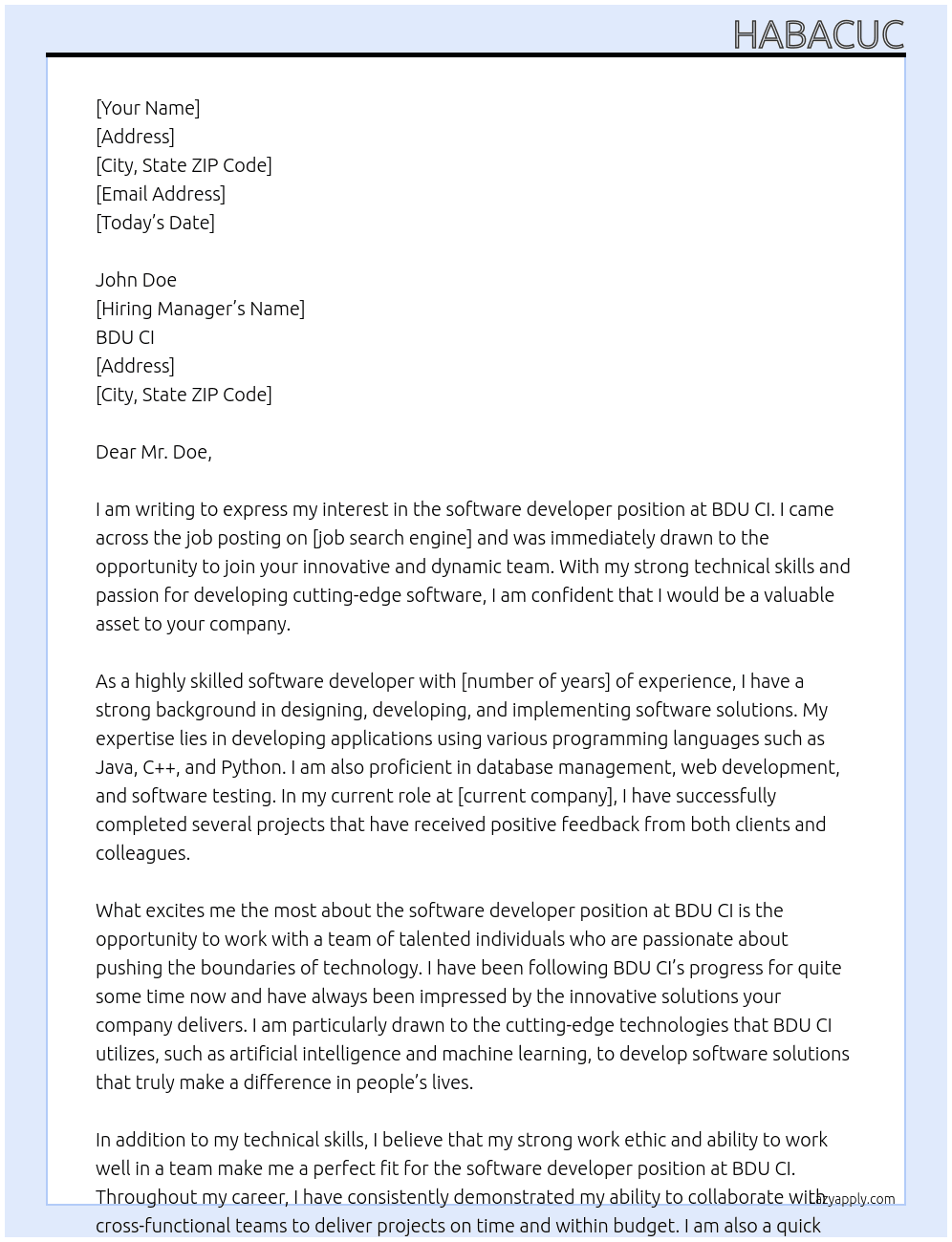 software developer At BDU CI Cover Letter
