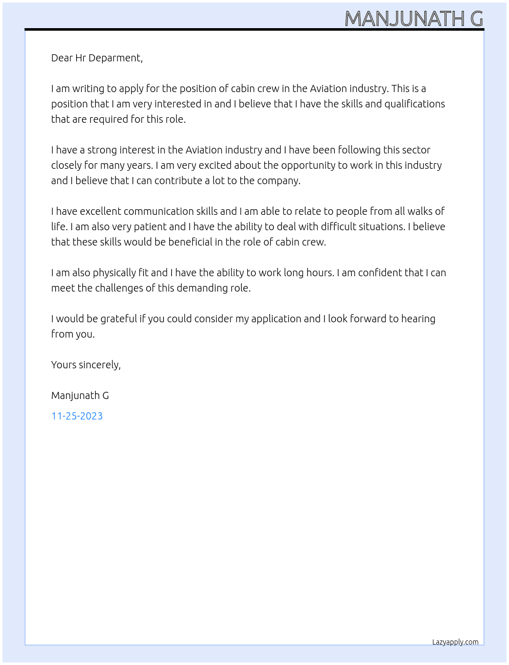 cabin crew At Aviation industry Cover Letter
