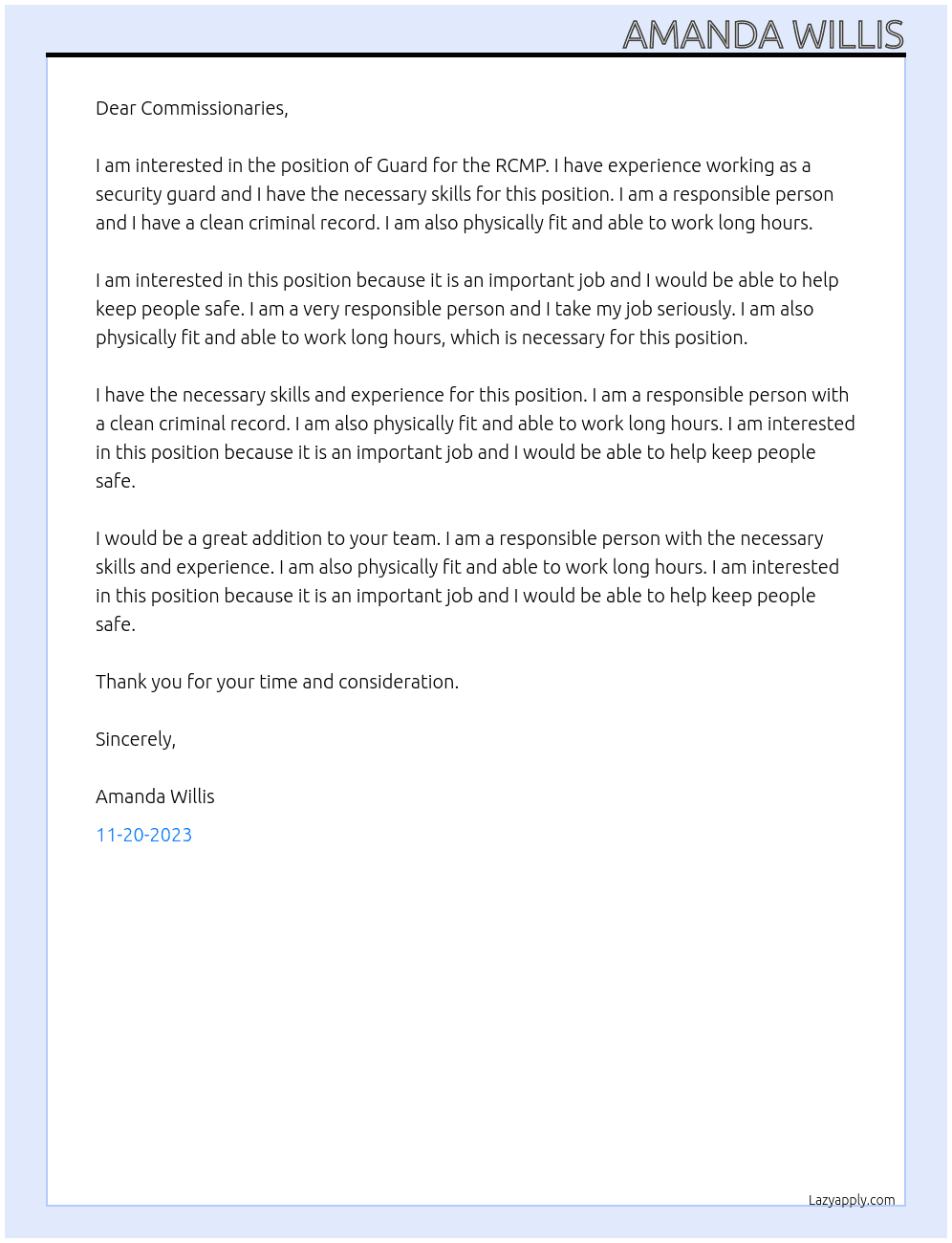 Guard for the RCMP At Commissionaries  Cover Letter