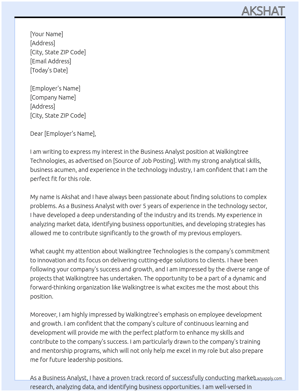 business anlayst At walkingtree technologies Cover Letter