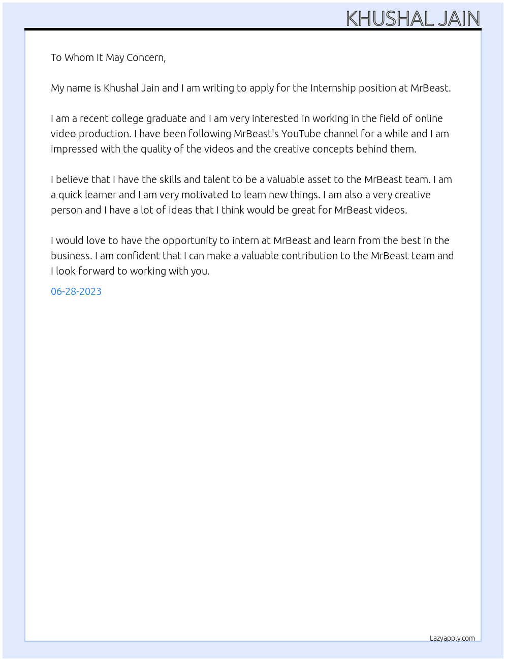 Internship At mrbeast Cover Letter