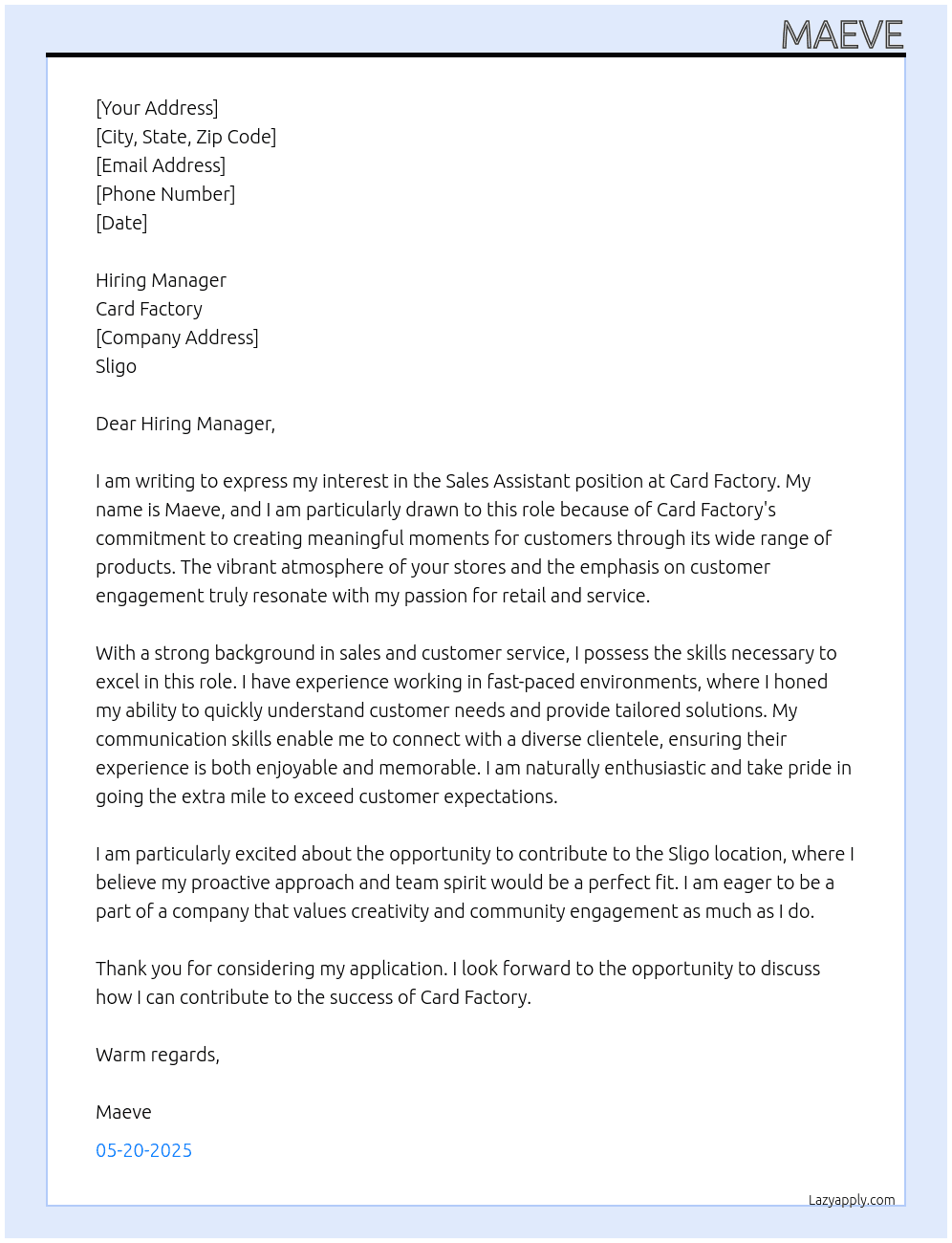 Sales assistant  At Card factory  Cover Letter