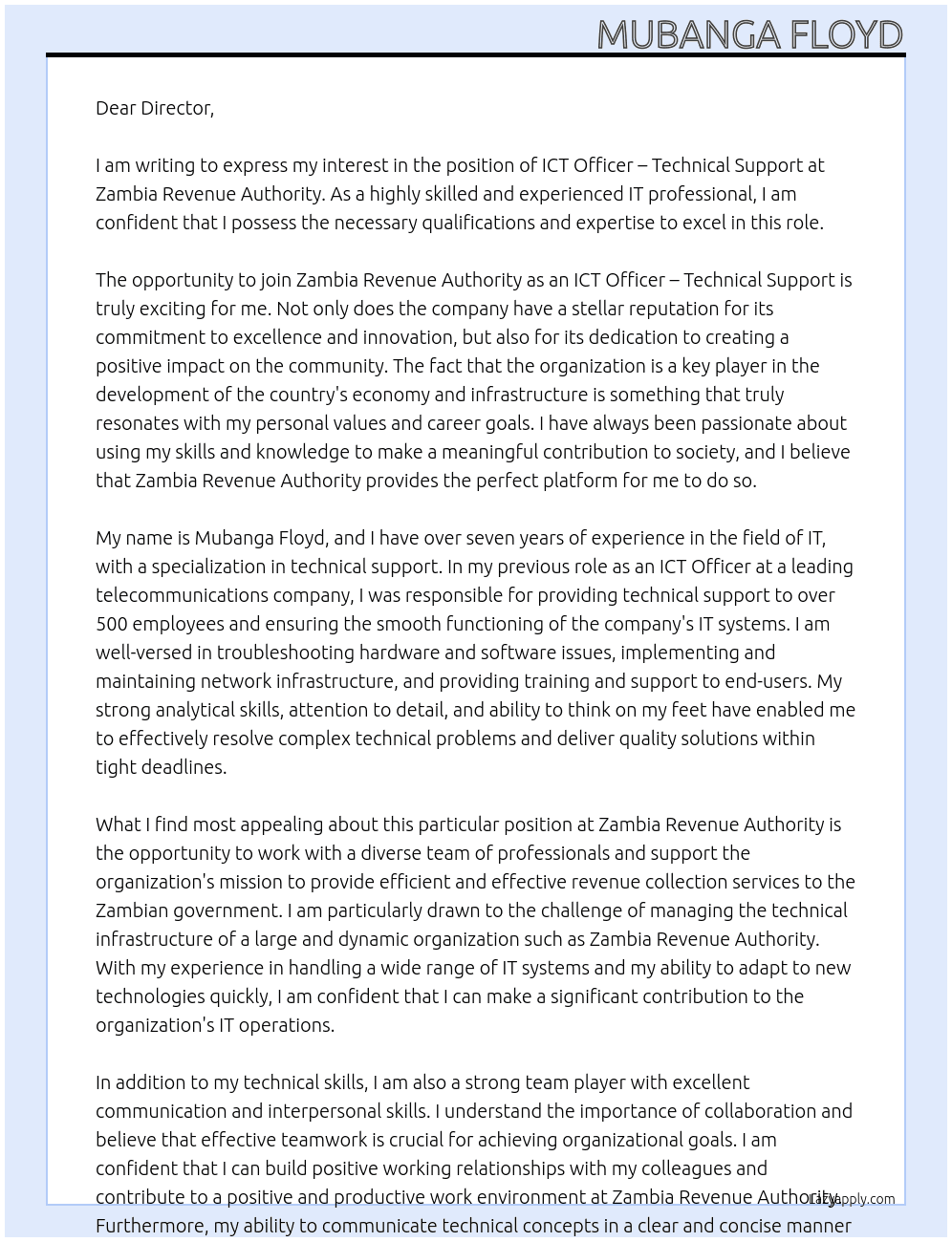 ICT OFFICER – TECHNICAL SUPPORT At Zambia Revenue Authority Cover Letter