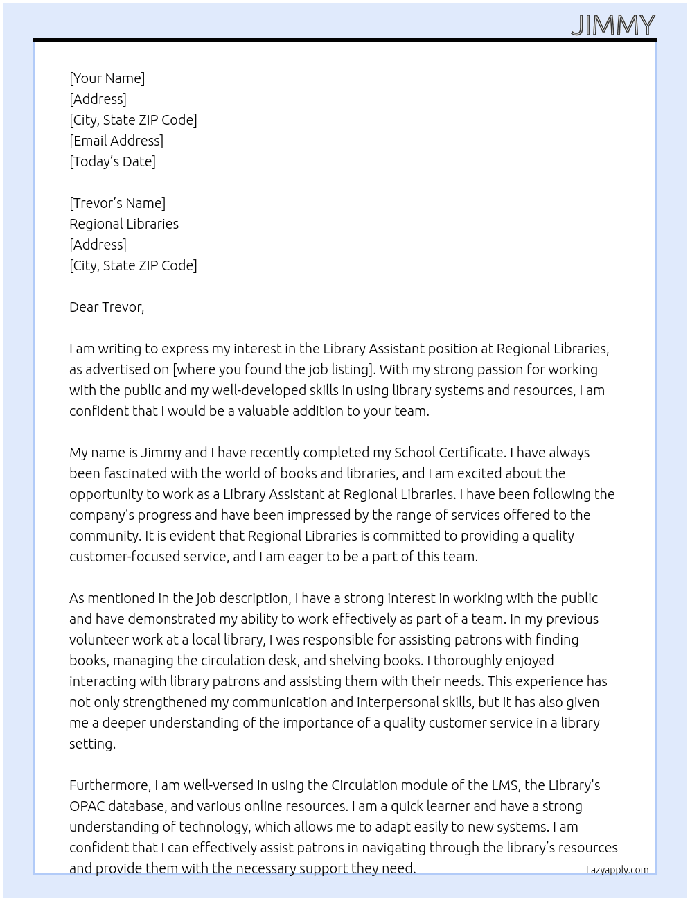 library assistant At regional libraries Cover Letter
