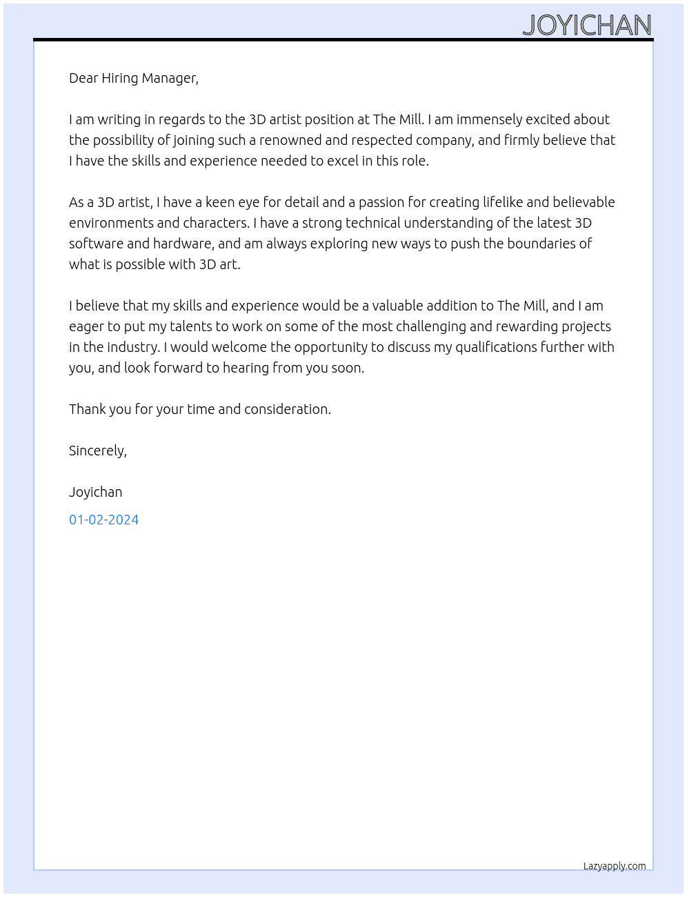 3D artist At The Mill Cover Letter