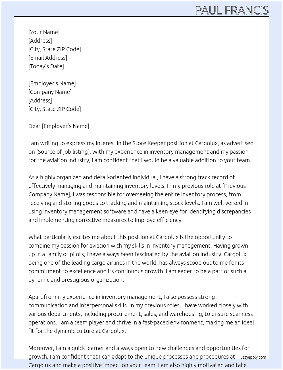 Store keeper At cargolux Cover Letter