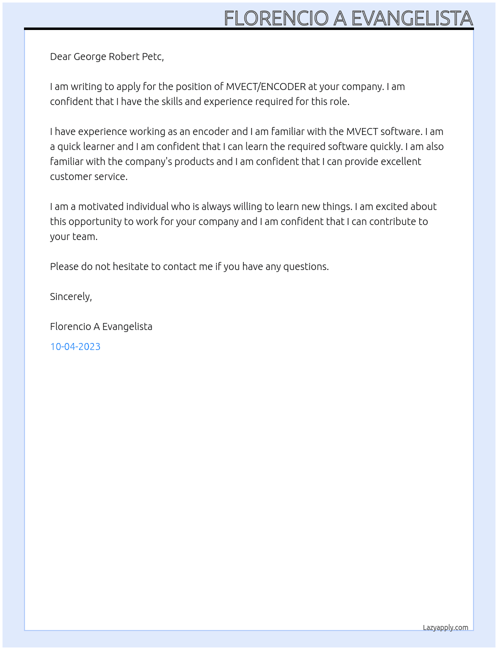 MVECT/ENCODER At GEORGE ROBERT PETC Cover Letter