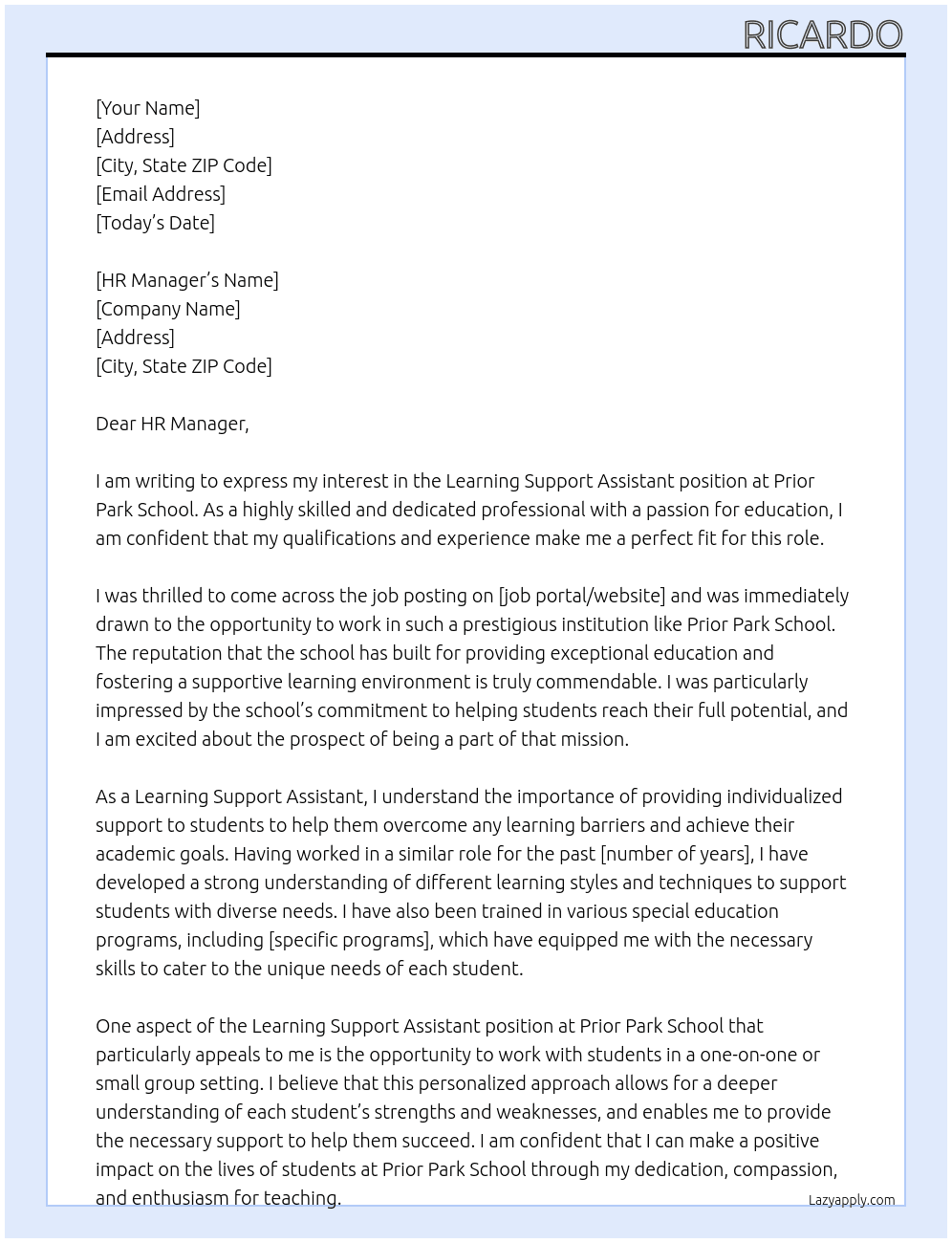 Learning Support Assistant At Prior Park School Cover Letter