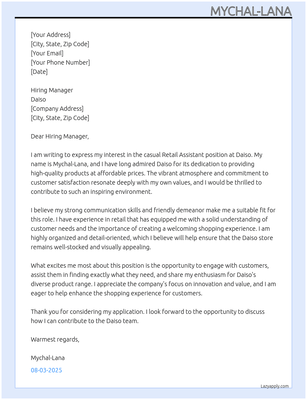 retail assistant At Daiso Cover Letter