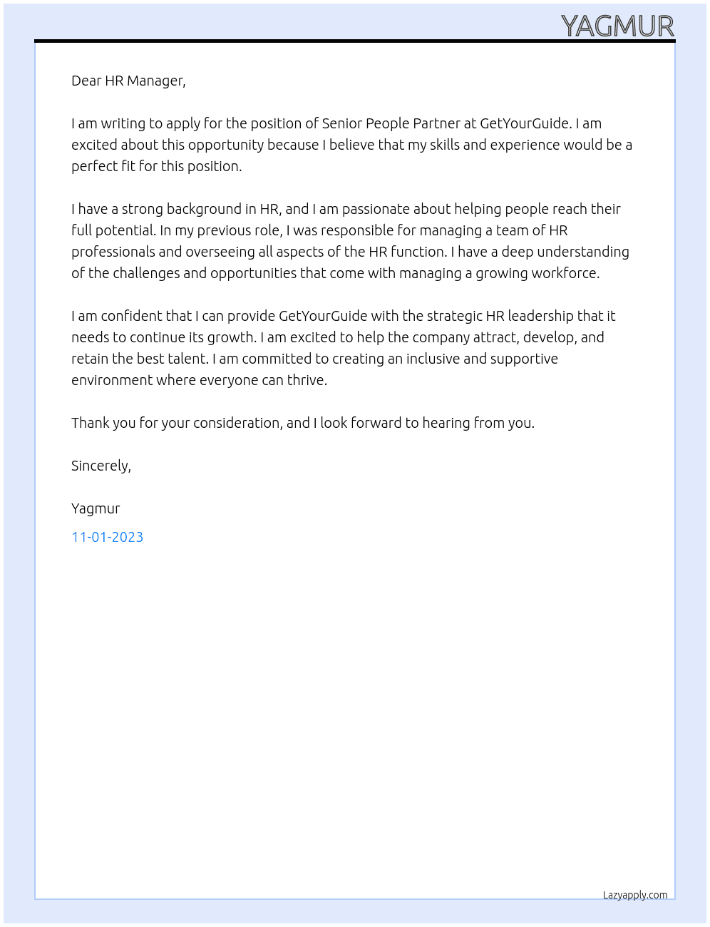 Senior People Partner  At GetYourGuide Cover Letter