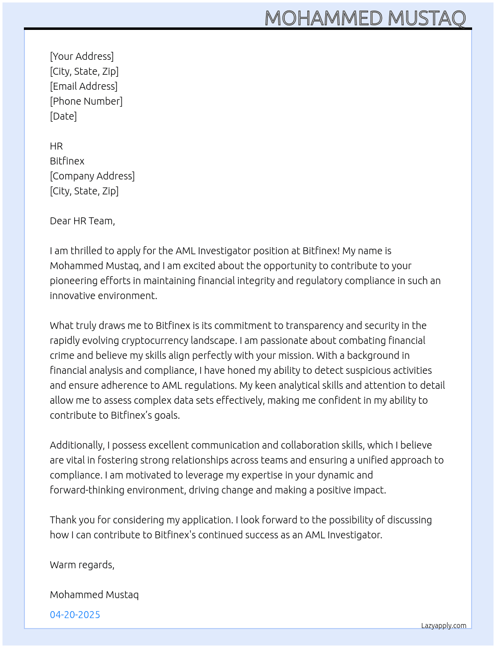 AML investigator At Bitflinex Cover Letter