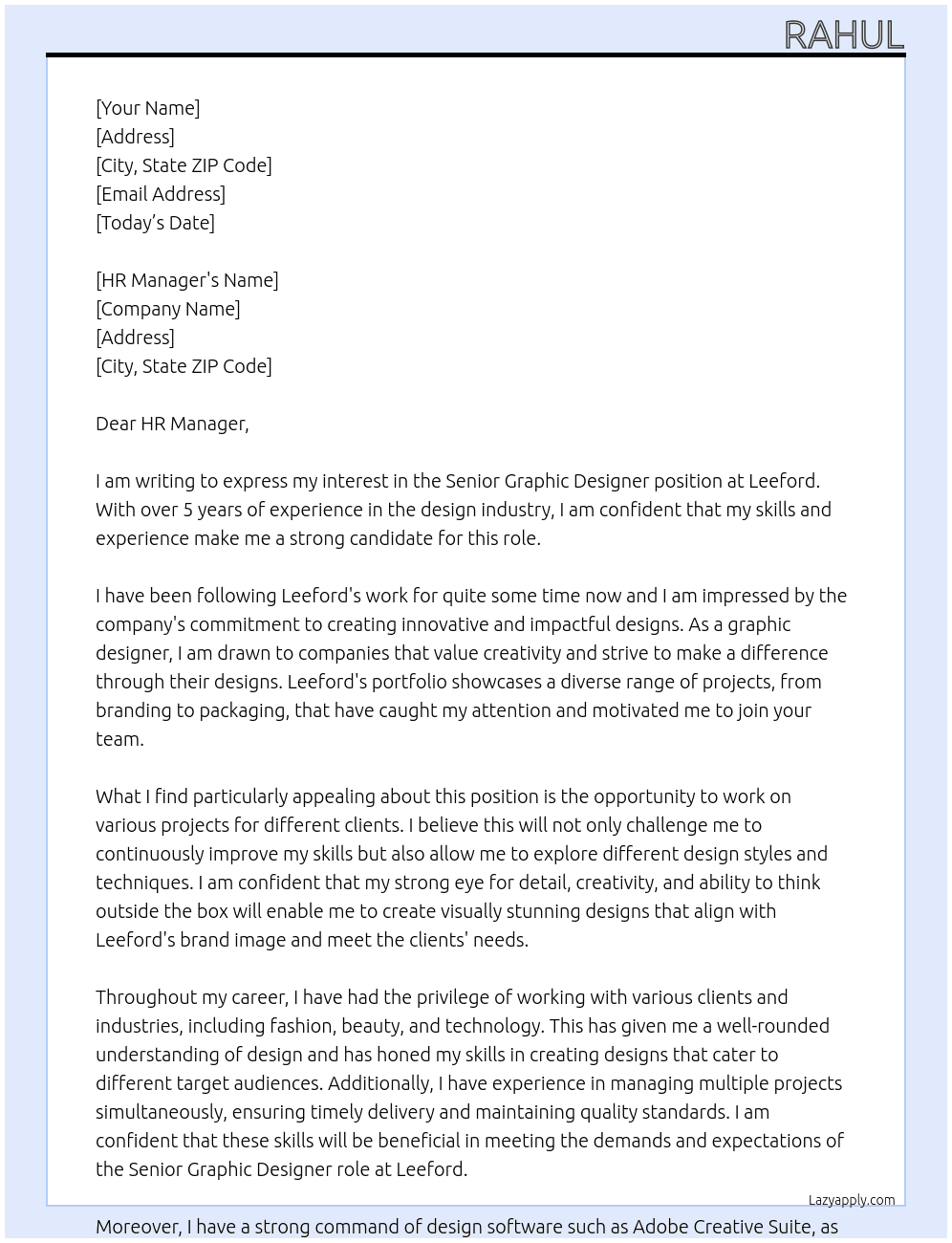 Senior graphic designer At Leeford Cover Letter