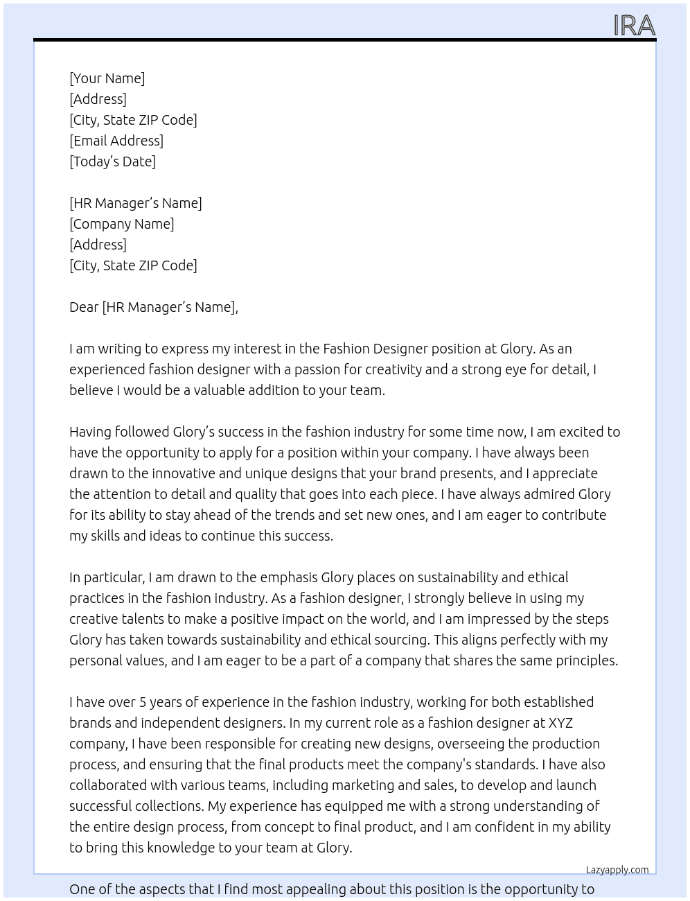 fashion designer At glory Cover Letter