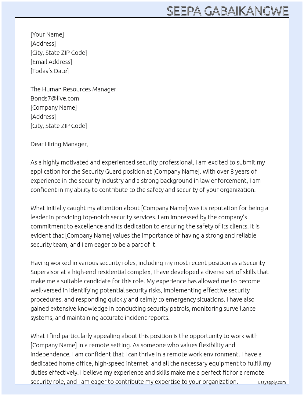 SECURITY GUARD At bonds7@live.com Cover Letter