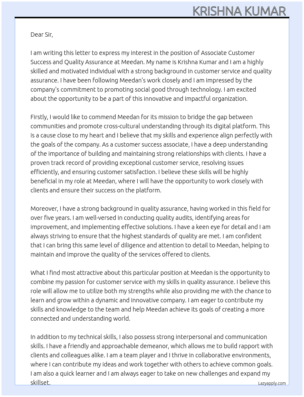 Associate Customer success and Quality Assurance  At Meedan Cover Letter