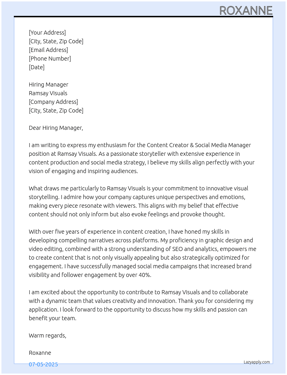 Content Creator & Social Media Manager At Ramsay Visuals Cover Letter