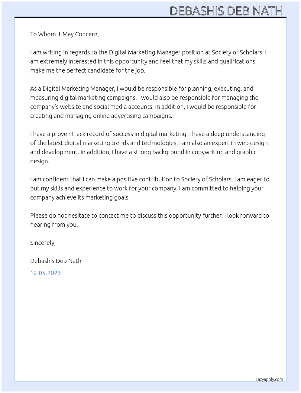 Digital Marketing Manager At Society of Scholars Cover Letter