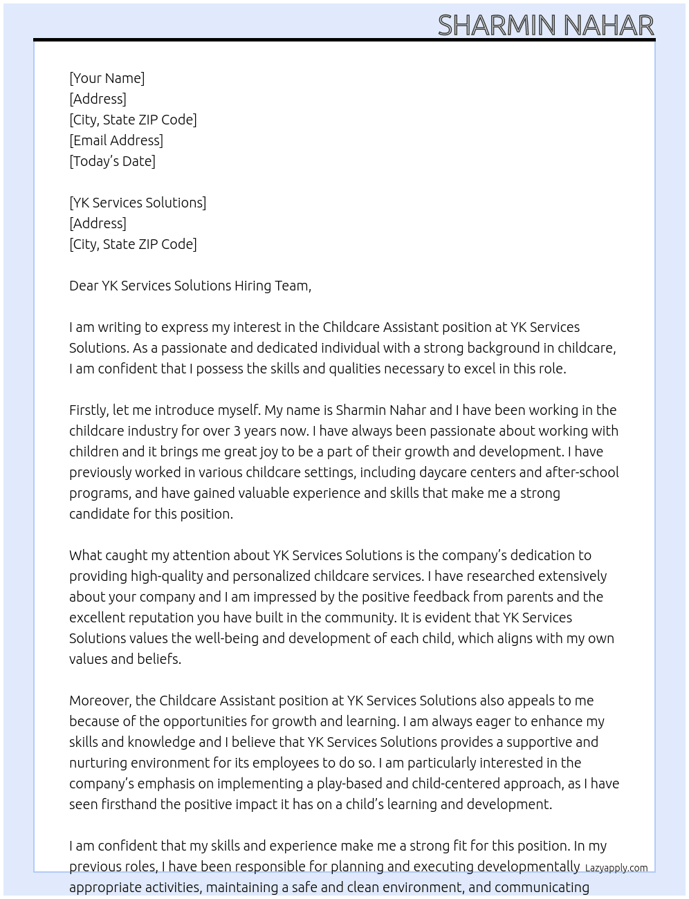 Childcare Assistant  At YK Sevices Solutions Cover Letter