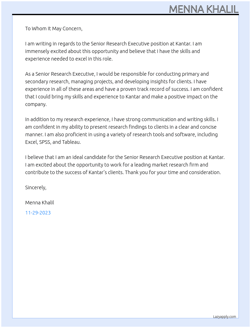 senior research executive At Kantar Cover Letter
