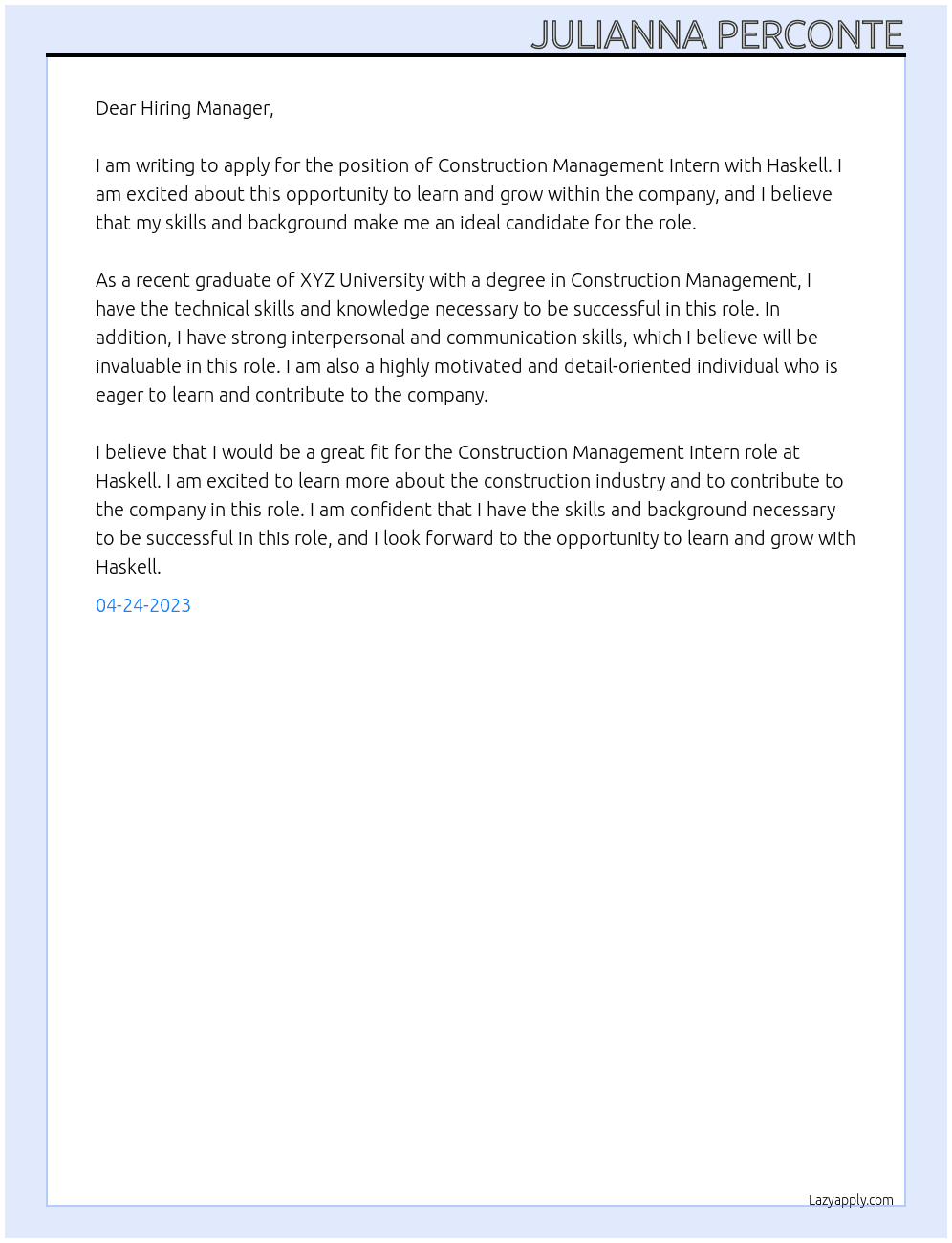 Construction Management Intern At Haskell Cover Letter