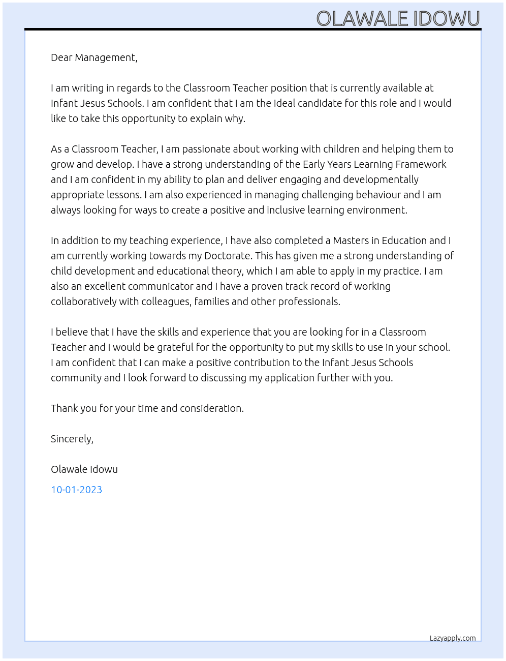 Classroom teacher  At Infant Jesus Schools Cover Letter