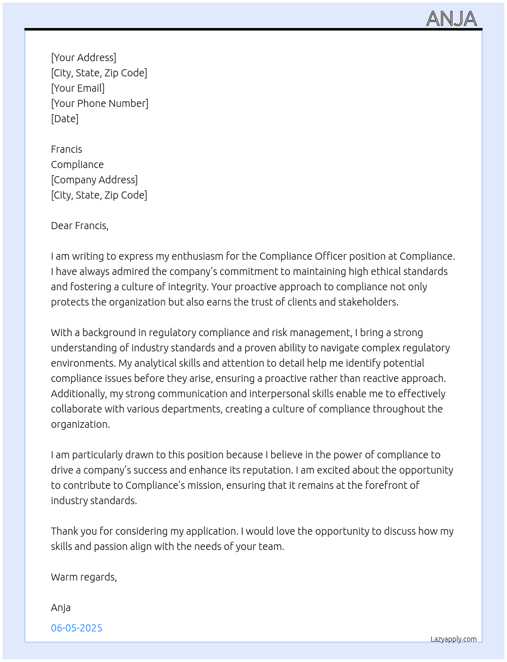 Compliance Officer At Compliance  Cover Letter