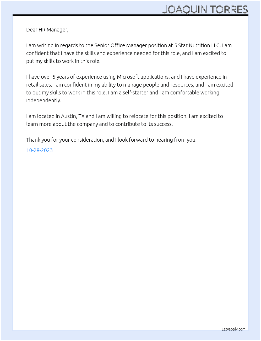 Senior Office Manager  At 5 Star Nutrition LLC Cover Letter