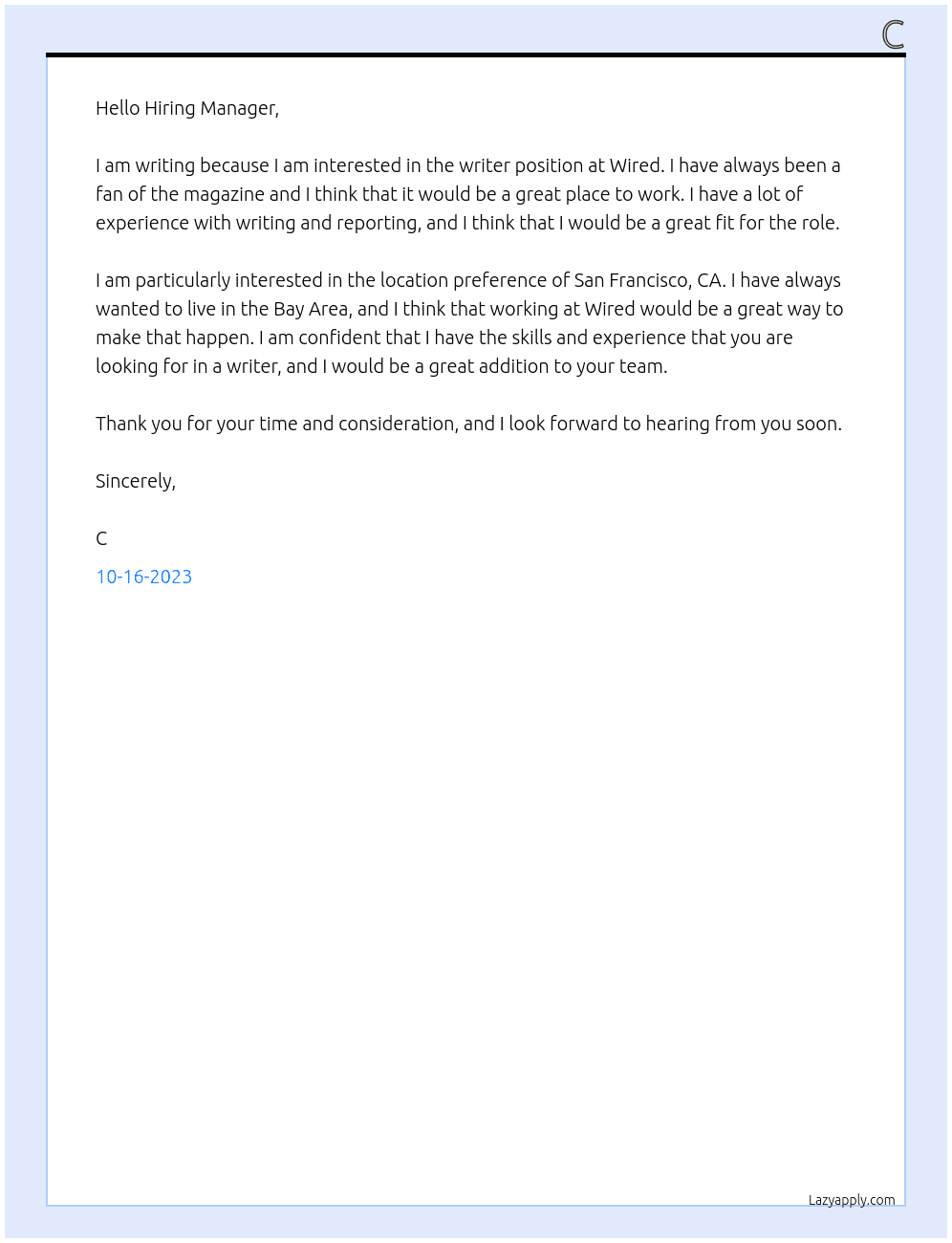 writer At wired Cover Letter