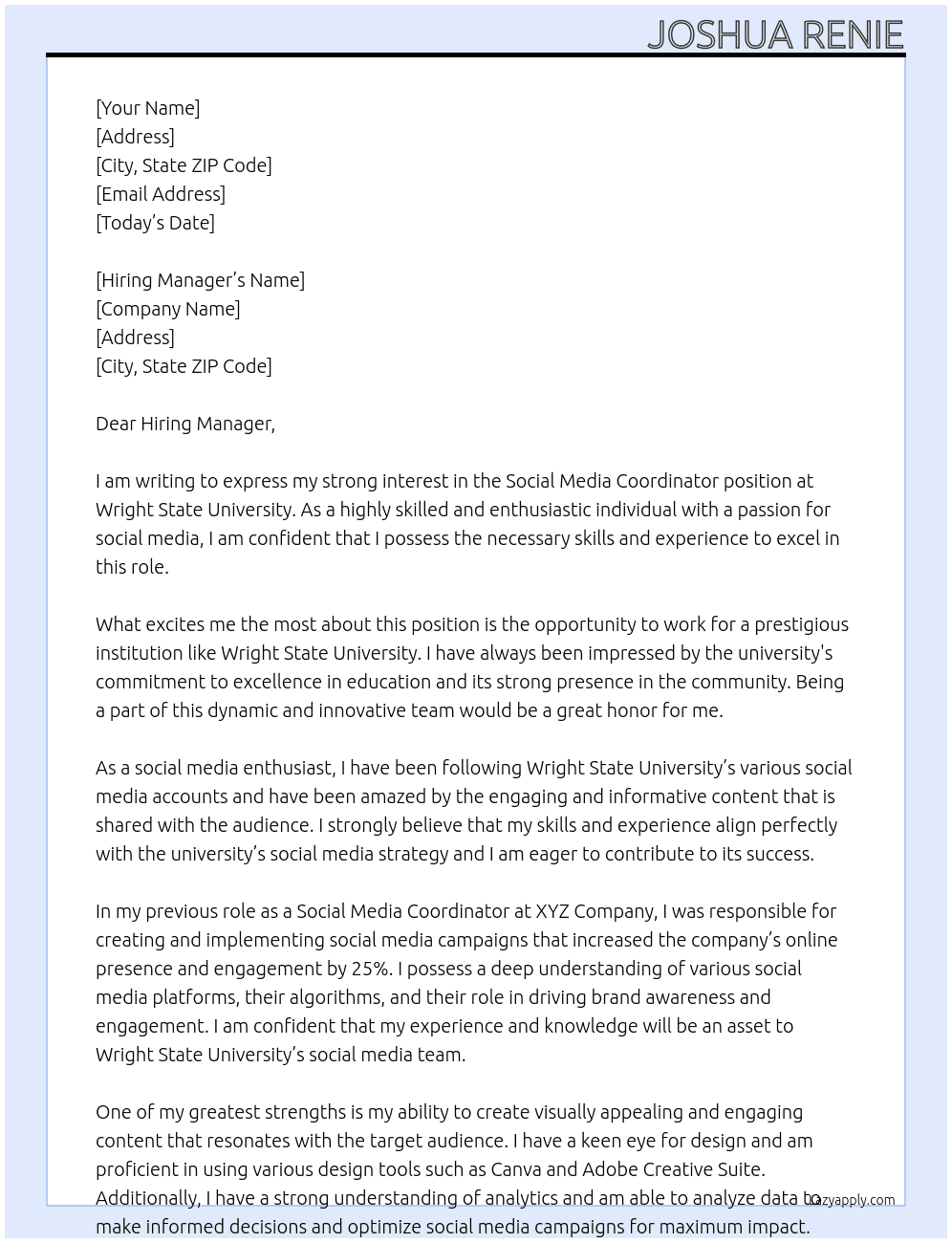 Social Media Coordinator At Wright State University Cover Letter