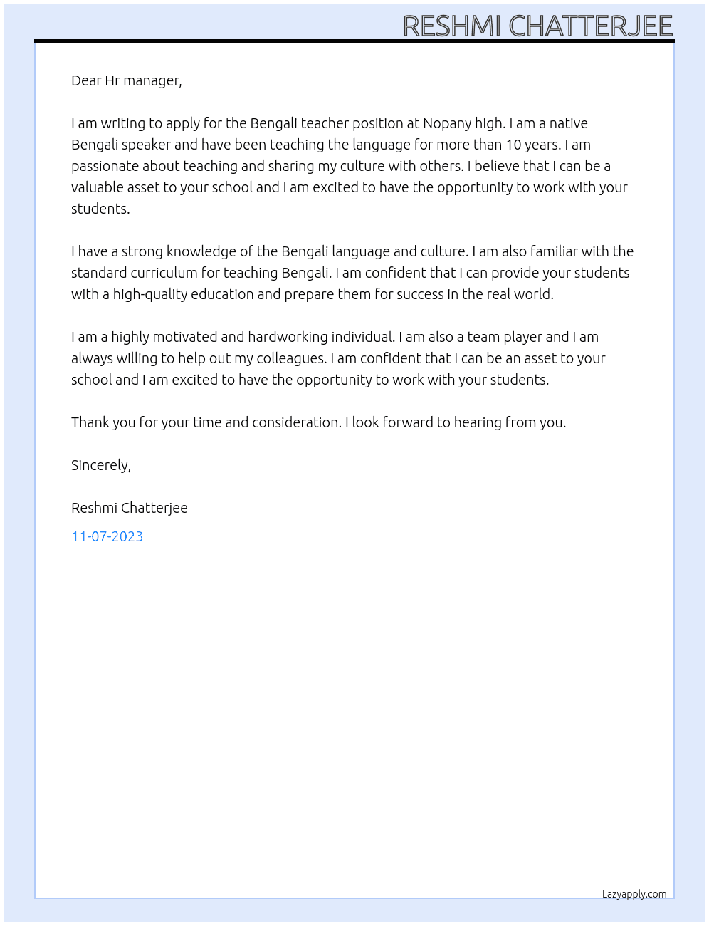 Bengali teacher At Nopany high Cover Letter