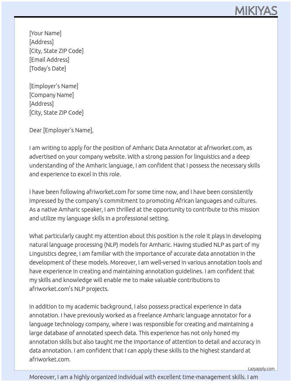Amharic Data Annotator  At afriworket.com Cover Letter