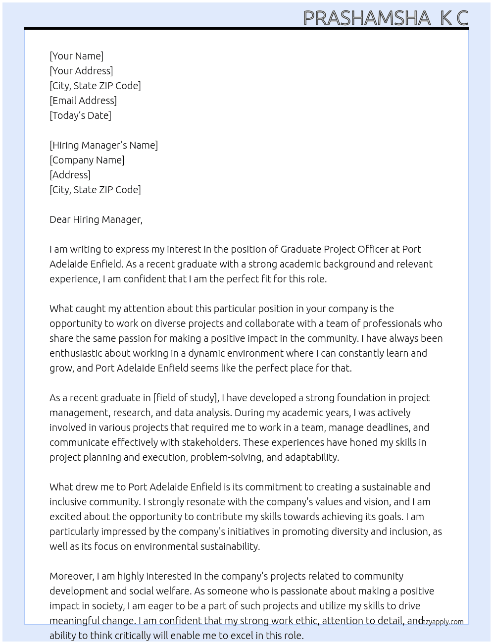  Graduate Project Officer At Port Adelaide Enfield Cover Letter