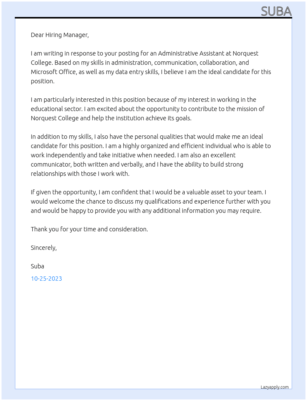 Administrative Assistant At Norquest College Cover Letter