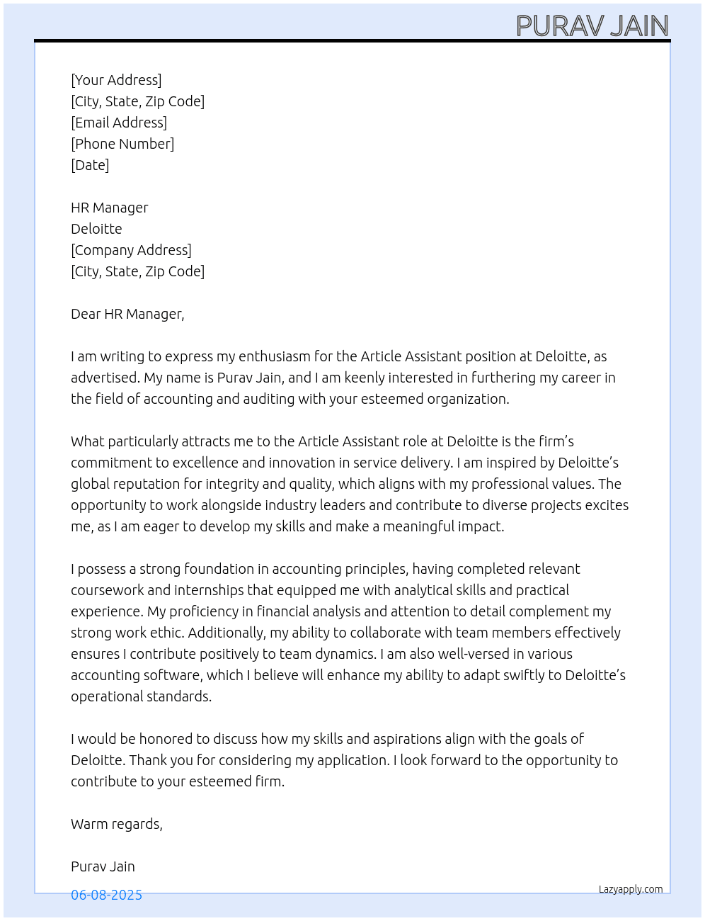 Article Assistant At Delloite Cover Letter
