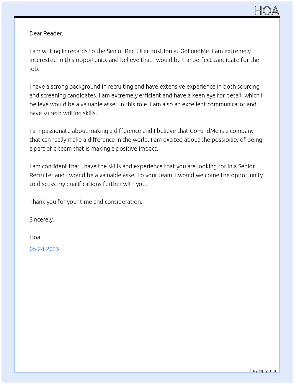 Senior Recruiter At GoFundMe  Cover Letter