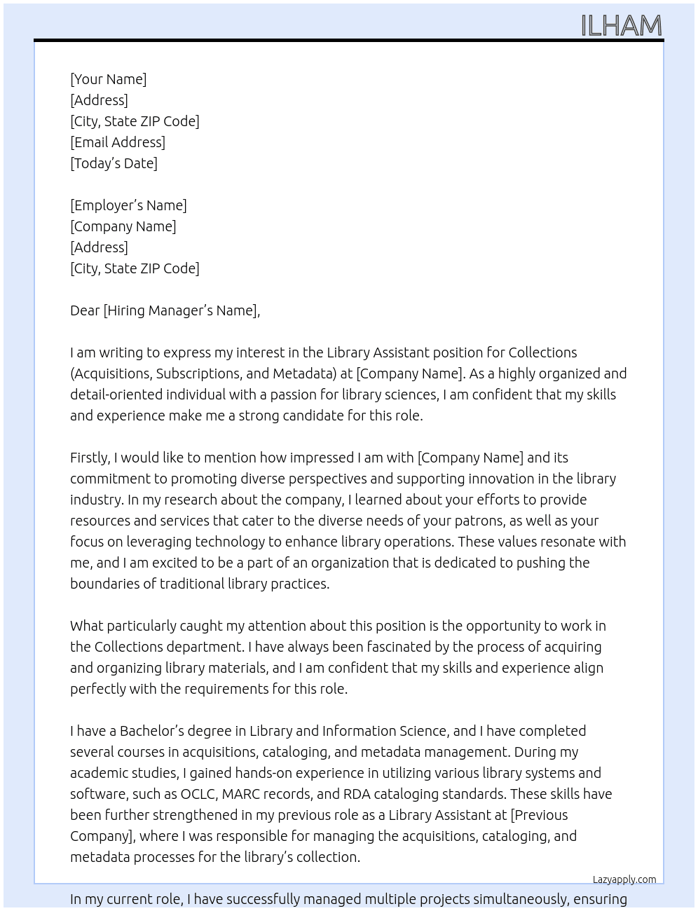 Library Assistant - Collections (Acquisitions, Subscriptions and Metadata) At ual Cover Letter