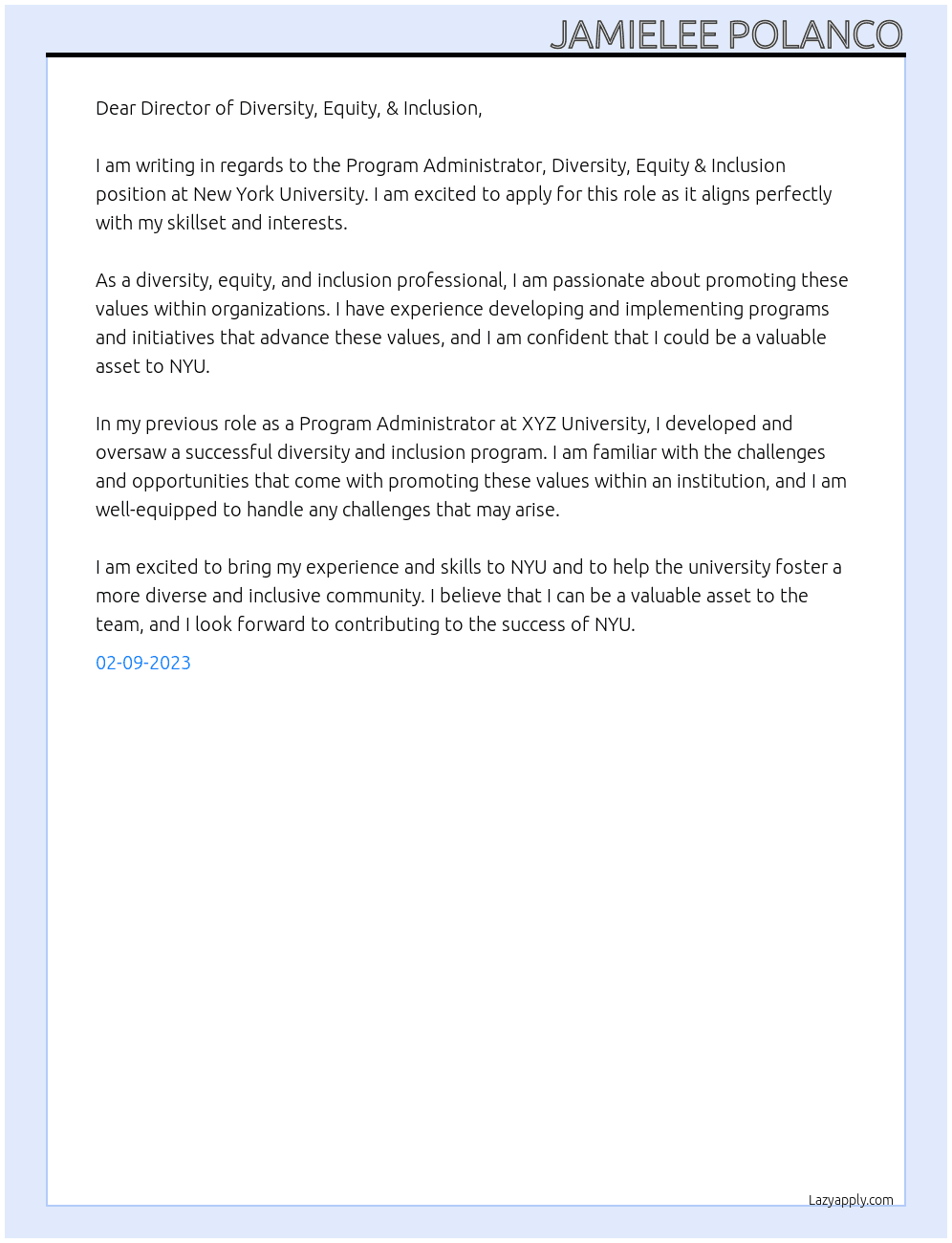 Program Administrator, Diversity, Equity & Inclusion  At New York University  Cover Letter