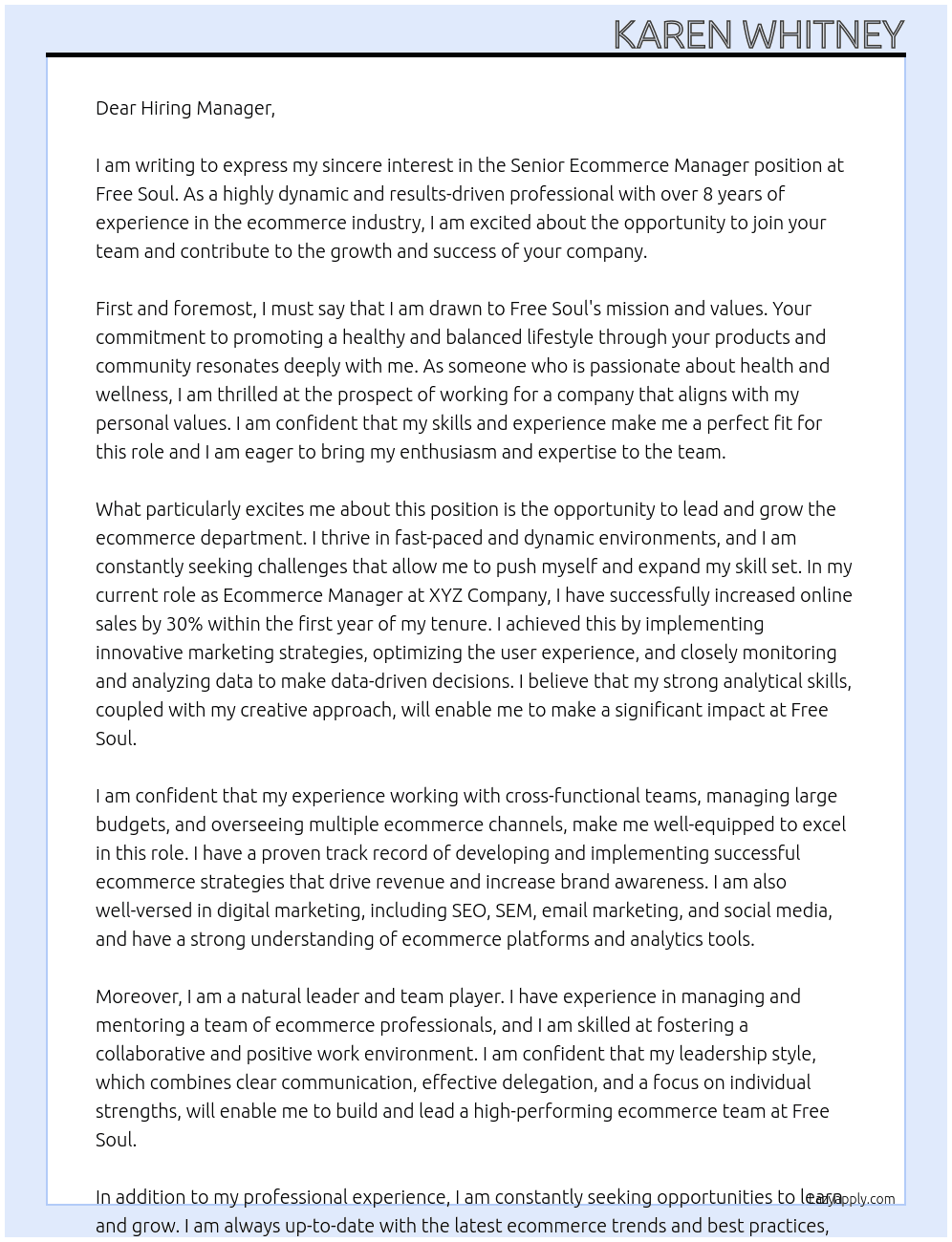 Senior Eccomerce Manager At Free Soul Cover Letter